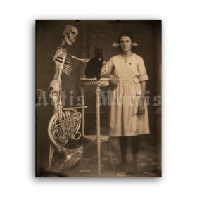 Printable Girl, cat, and skeleton - vintage Victorian weird photo print - vintage print poster