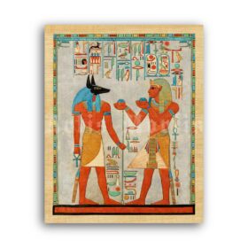 Printable The King with Anubis - Ancient Egyptian papyrus art poster - vintage print poster