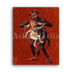 Printable Krampus punishing a child, Christmas Devil, Evil Santa poster - vintage print poster