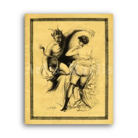 Printable Devil and naked lady - French kinky art by Louis Malteste - vintage print poster