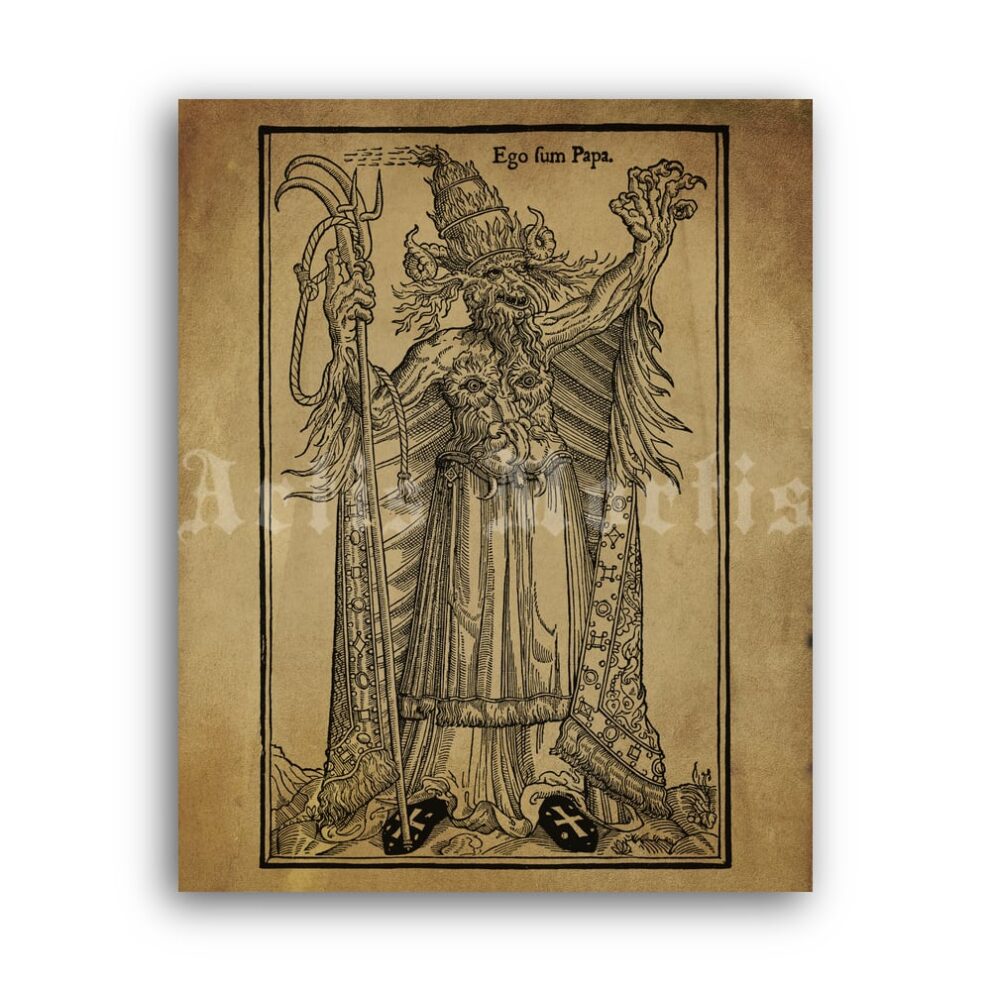 Printable Devil Priest, Satanic pope - Ego Sum Papa medieval religious art - vintage print poster