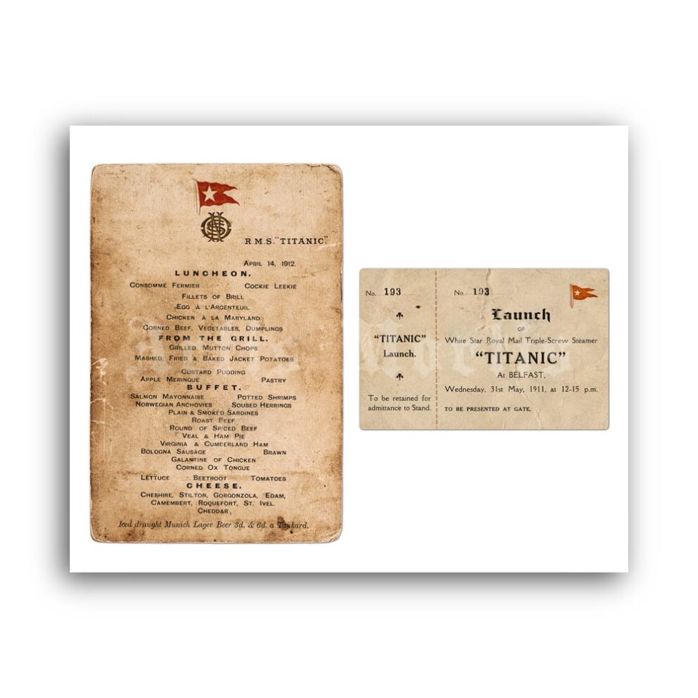 Printable Titanic launch ticket, Luncheon menu - memorabilia poster - vintage print poster