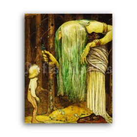 Printable Green Hair Witch with Magic Herb - John Bauer art poster - vintage print poster