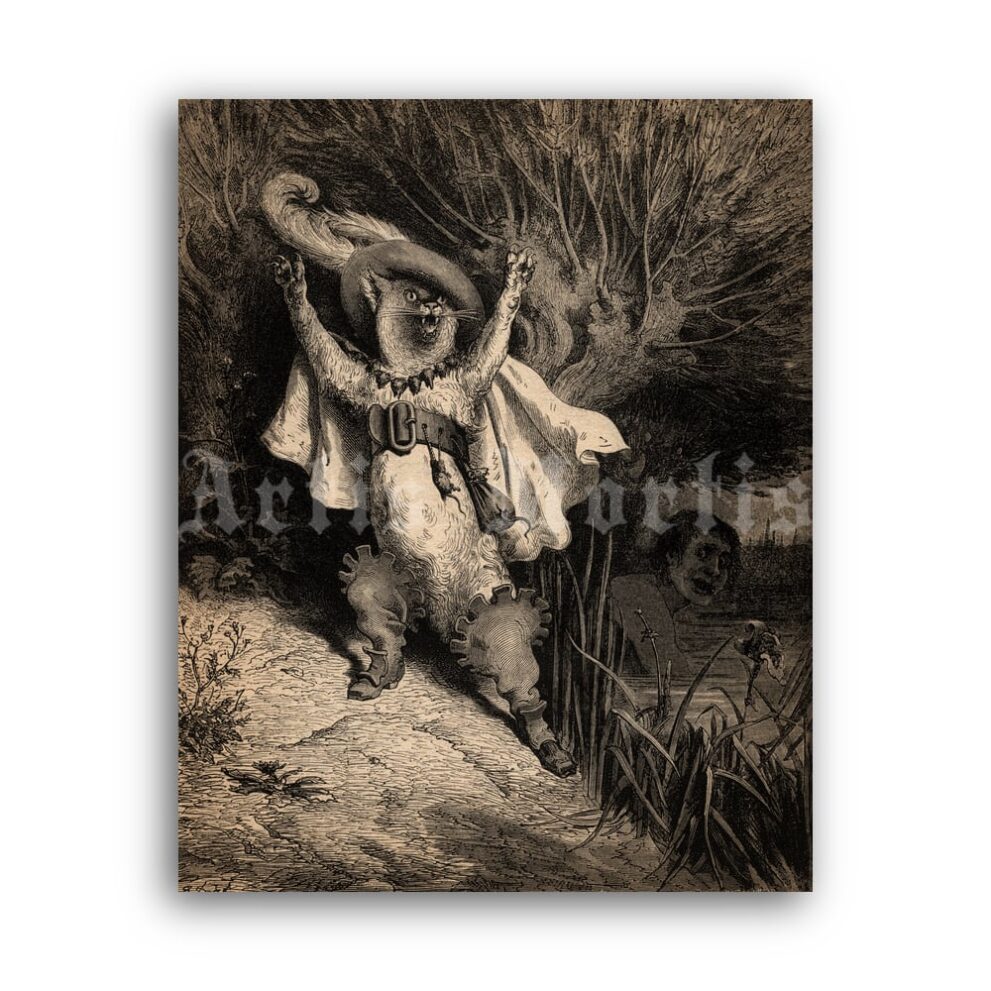 Printable Puss in Boots illustration by Gustave Dore, fairy tales print - vintage print poster