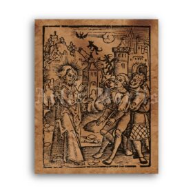 Printable Exorcising Devils - medieval woodcut, exorcist, exorcism art - vintage print poster