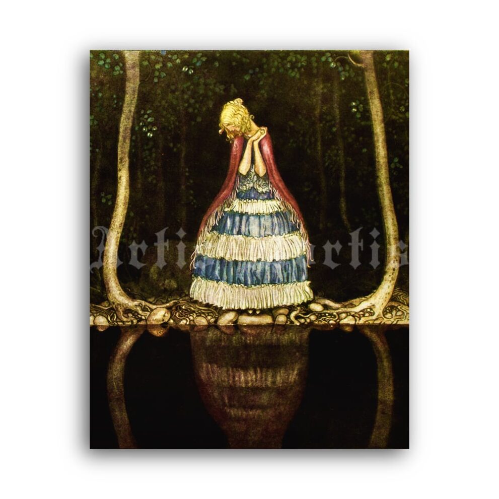 Printable Girl near the dark forest lake - John Bauer folk tales art poster - vintage print poster