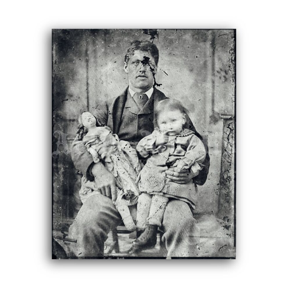 Printable A Man with a child and a doll - creepy, weird vintage photo - vintage print poster
