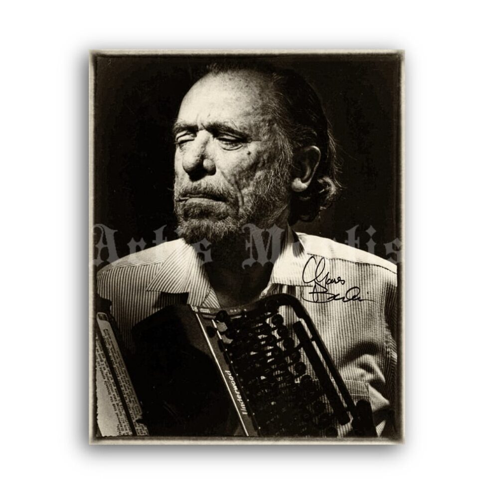 Printable Charles Bukowski with typewriting machine vintage photo poster - vintage print poster