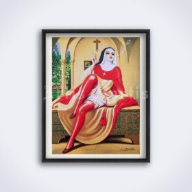 Printable Smoking sexy nun in red stockings - art by Clovis Trouille - vintage print poster