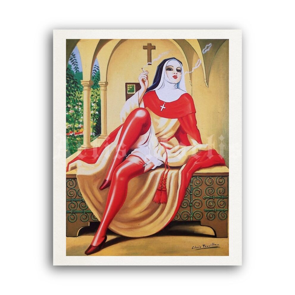 Printable Smoking sexy nun in red stockings - art by Clovis Trouille - vintage print poster