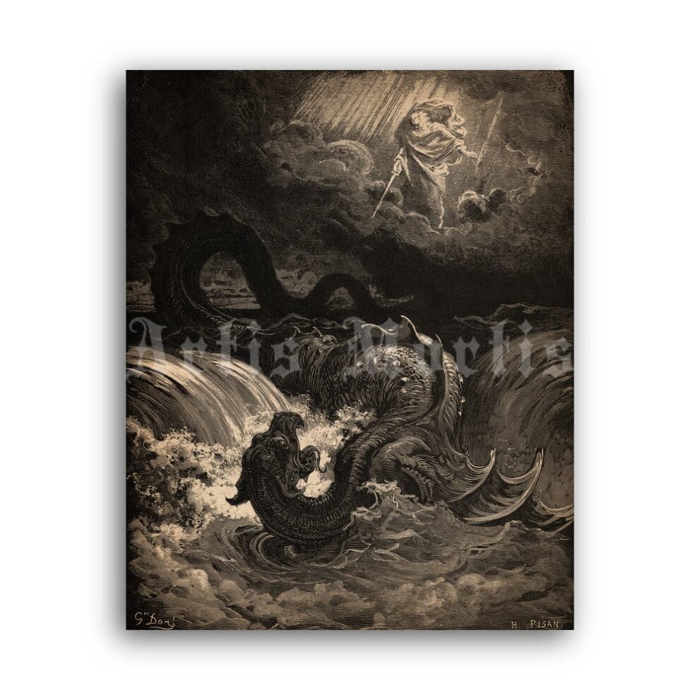Printable Destruction of Leviathan - religious illustration by Gustave Dore - vintage print poster