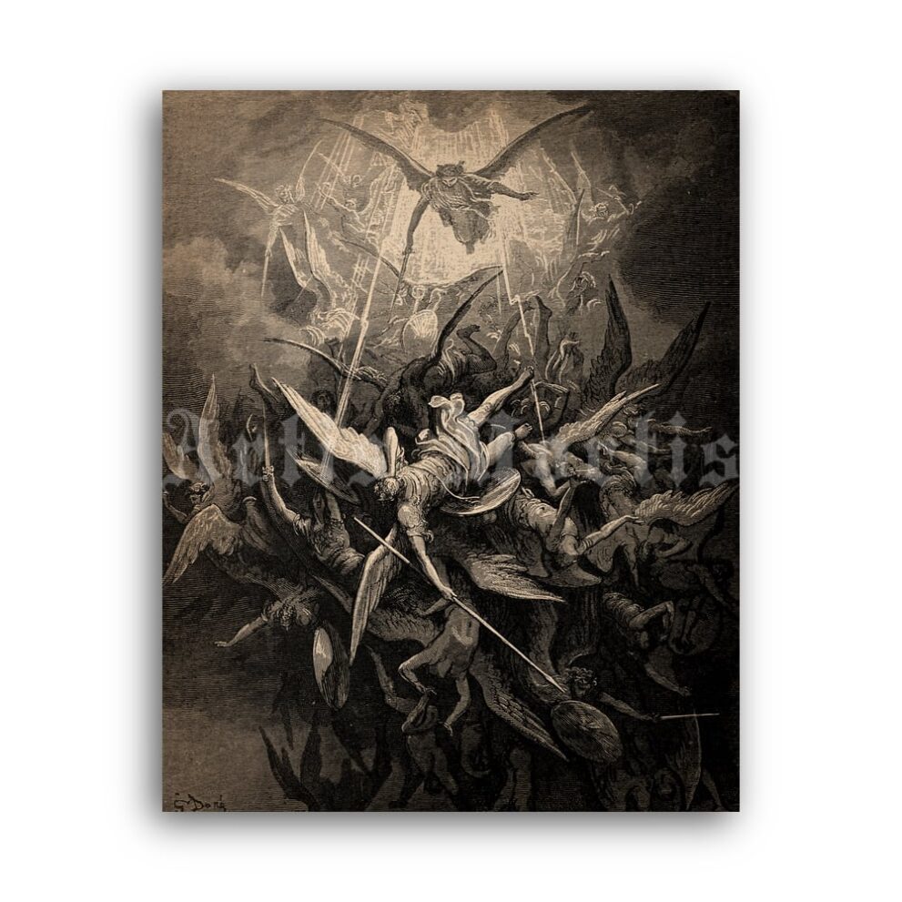 Printable Fall of Angels illustration for Paradise Lost, art by Gustave Dore - vintage print poster