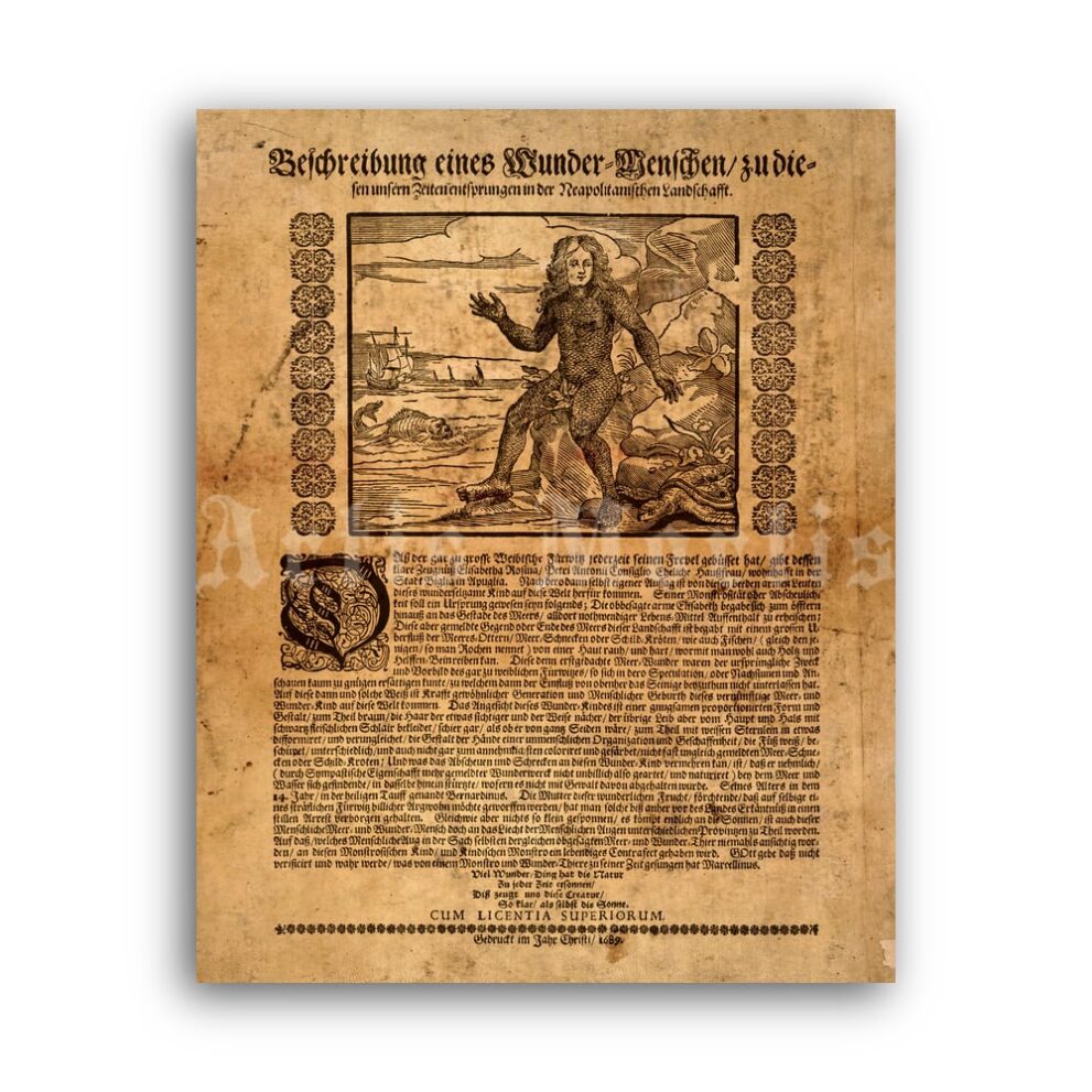 Printable Fishboy, Human Fish medieval freak show broadside poster - vintage print poster