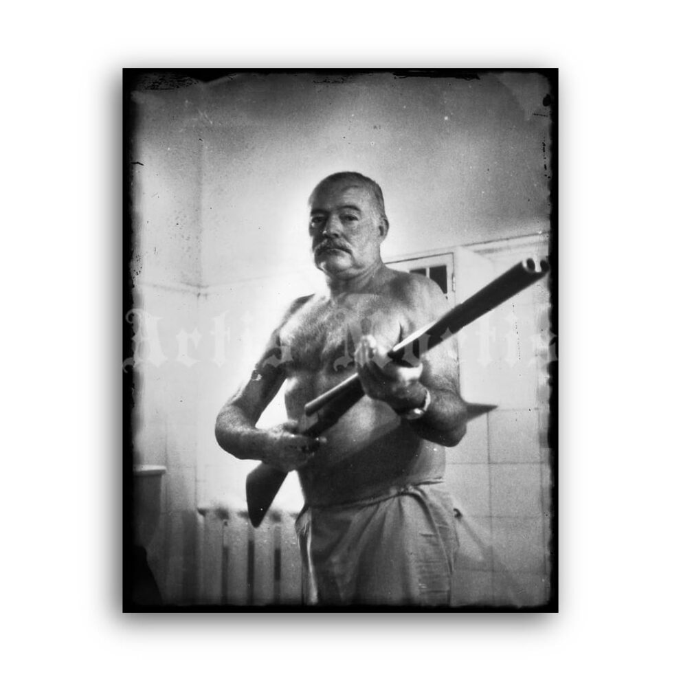 Printable Ernest Hemingway holding rifle - vintage 1959 photo poster - vintage print poster