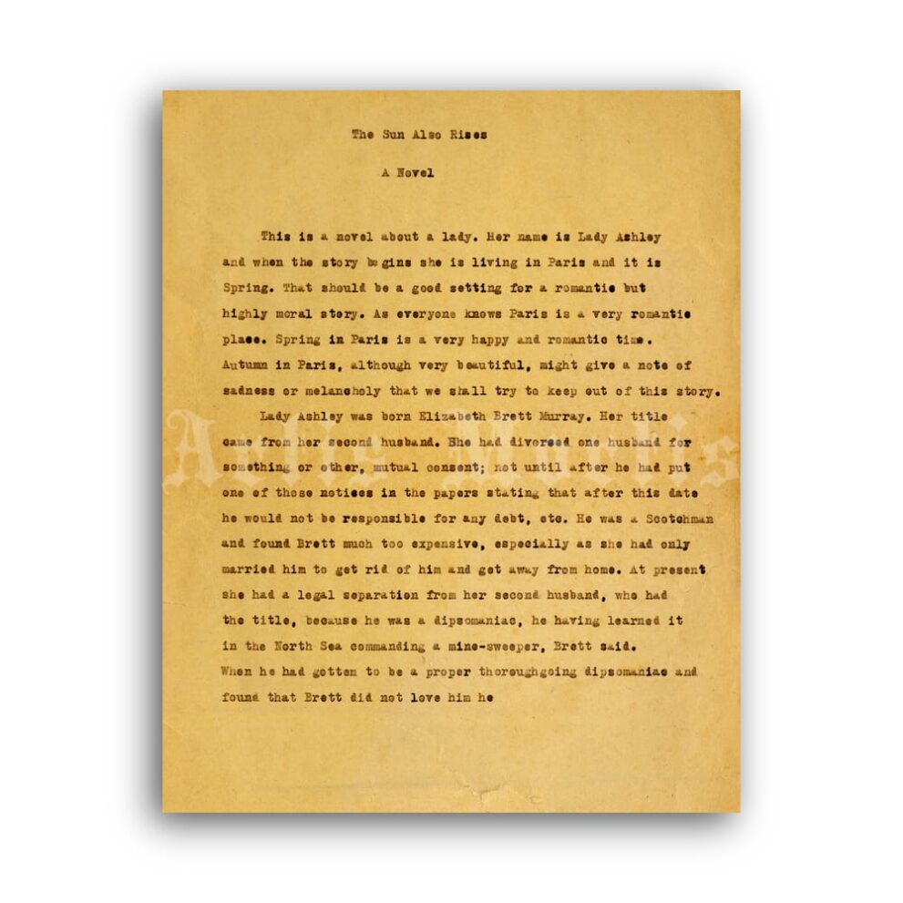 Printable The Sun Also Rises novel by Ernest Hemingway typescript poster - vintage print poster