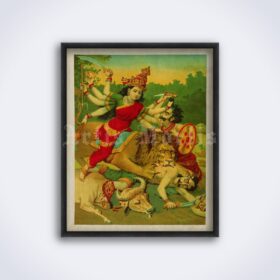 Printable Ashta Bhuja Devi killing demons - Goddess Shakti, Hindu art - vintage print poster