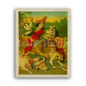 Printable Ashta Bhuja Devi killing demons - Goddess Shakti, Hindu art - vintage print poster