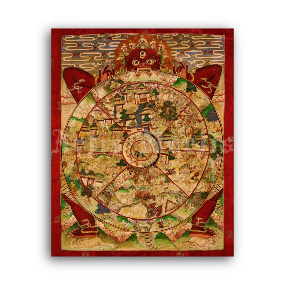 Printable Bhavacakra, Wheel of Life - Yama, Lord of Death, Tibetan art - vintage print poster