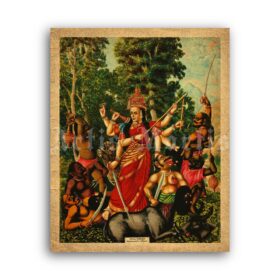 Printable Durga fighting with demons - Devi, Hindu mythology art - vintage print poster
