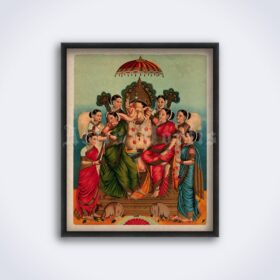 Printable Ganesha with wives, Hindu elephant-god - art by Ravi Varma - vintage print poster