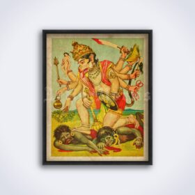 Printable Hanuman killing Ravana demons - Hindu mythology art - vintage print poster