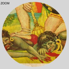 Printable Hanuman killing Ravana demons - Hindu mythology art - vintage print poster
