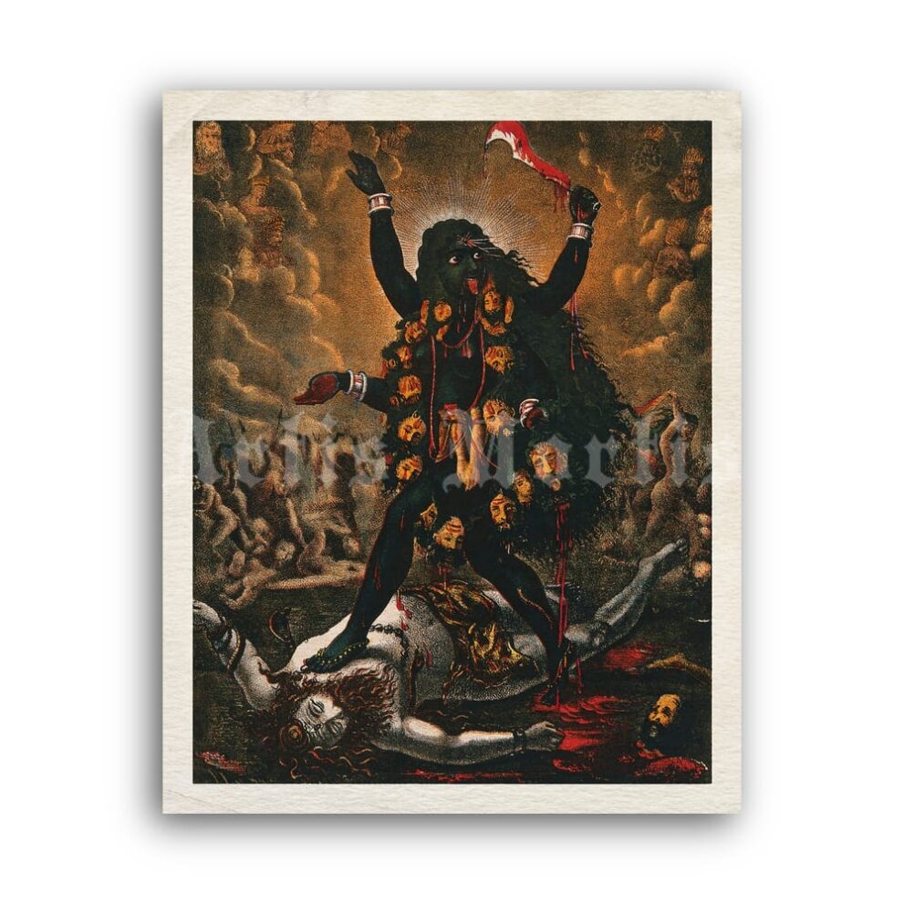 Printable Kali standing over dead Shiva - Hindu mythology art - vintage print poster
