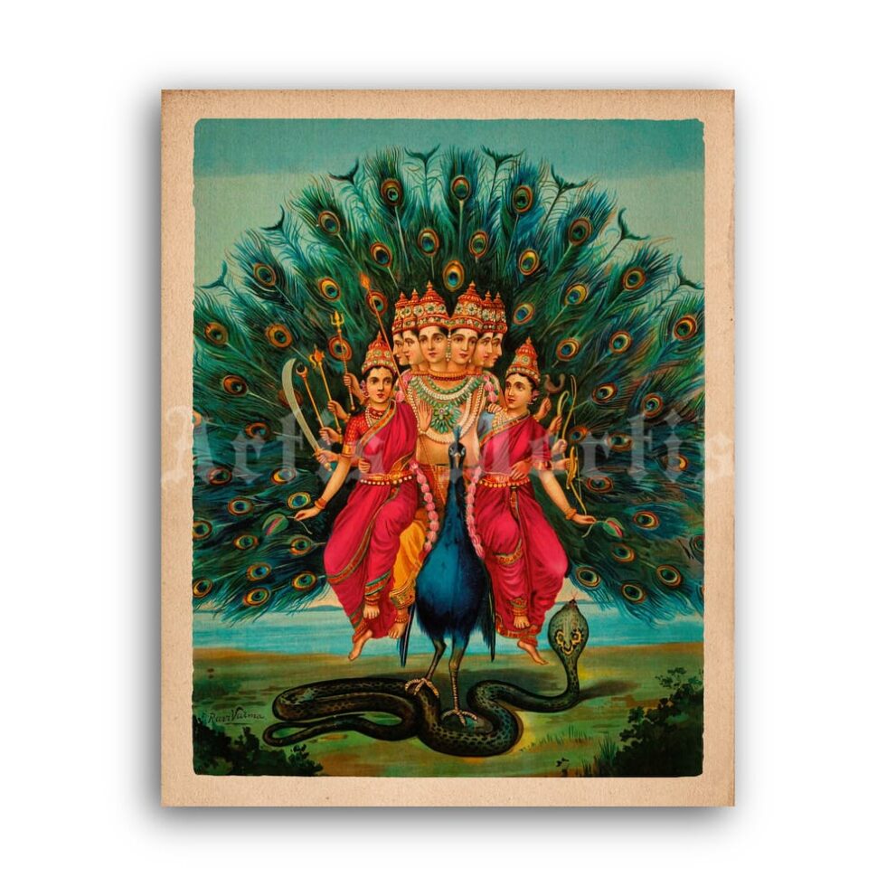 Printable Murugan, god of war - Kartikeya, Skanda, Kumara, Hindu art - vintage print poster