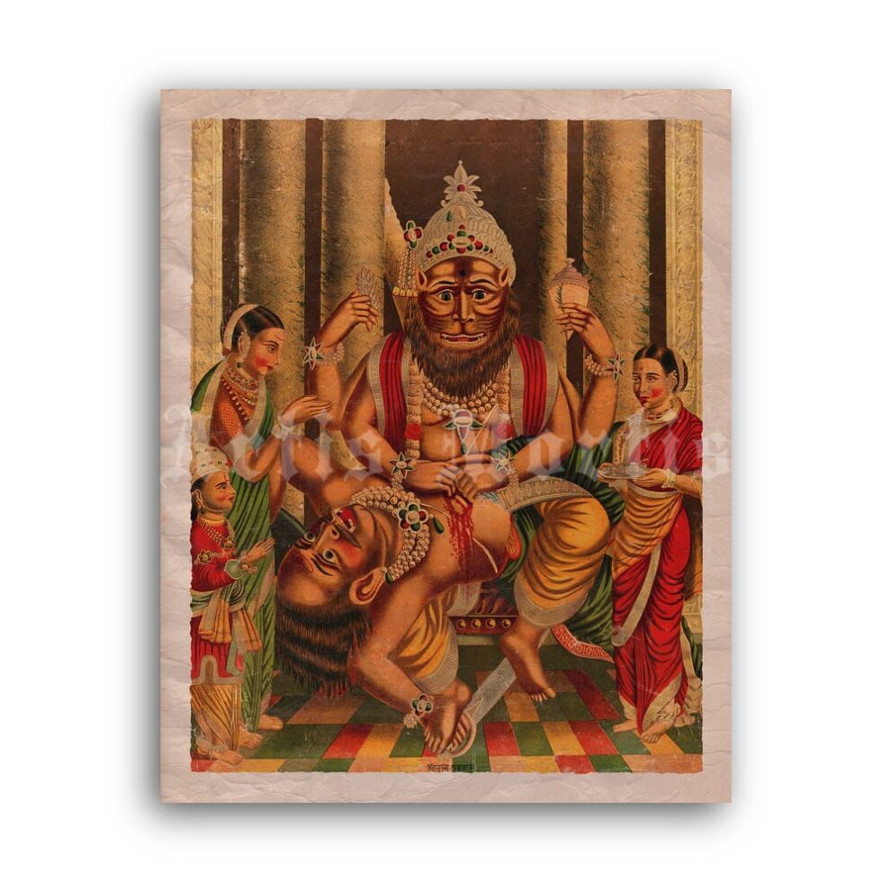 Printable Narasimha killing demon Hiranyakasipu - Hindu art, Vaishnavism - vintage print poster