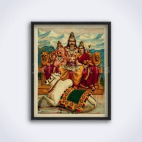 Printable Shiva, Parvati and Ganesha on Mount Kailas - art by Ravi Varma - vintage print poster