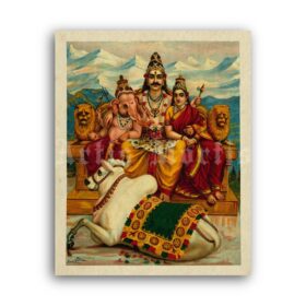 Printable Shiva, Parvati and Ganesha on Mount Kailas - art by Ravi Varma - vintage print poster