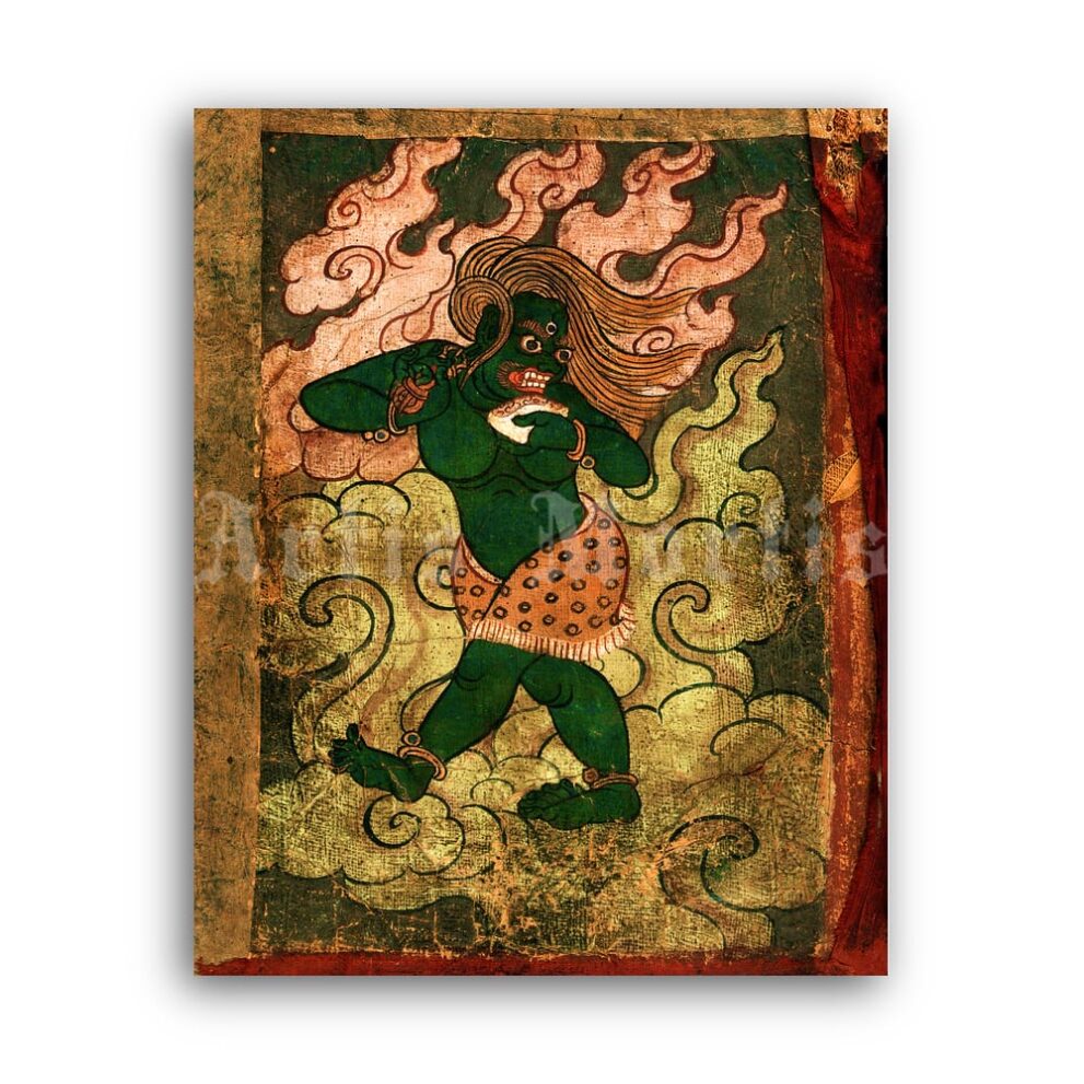 Printable Tibetan Green Demon - Buddhism demonology, Eastern art - vintage print poster