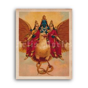 Printable Vishnu riding on Garuda bird - Hindu art, Vaishnavism, Vishnuism - vintage print poster
