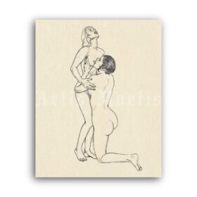 Printable Sensual lesbian art – vintage drawing by Erich Von Gotha - vintage print poster