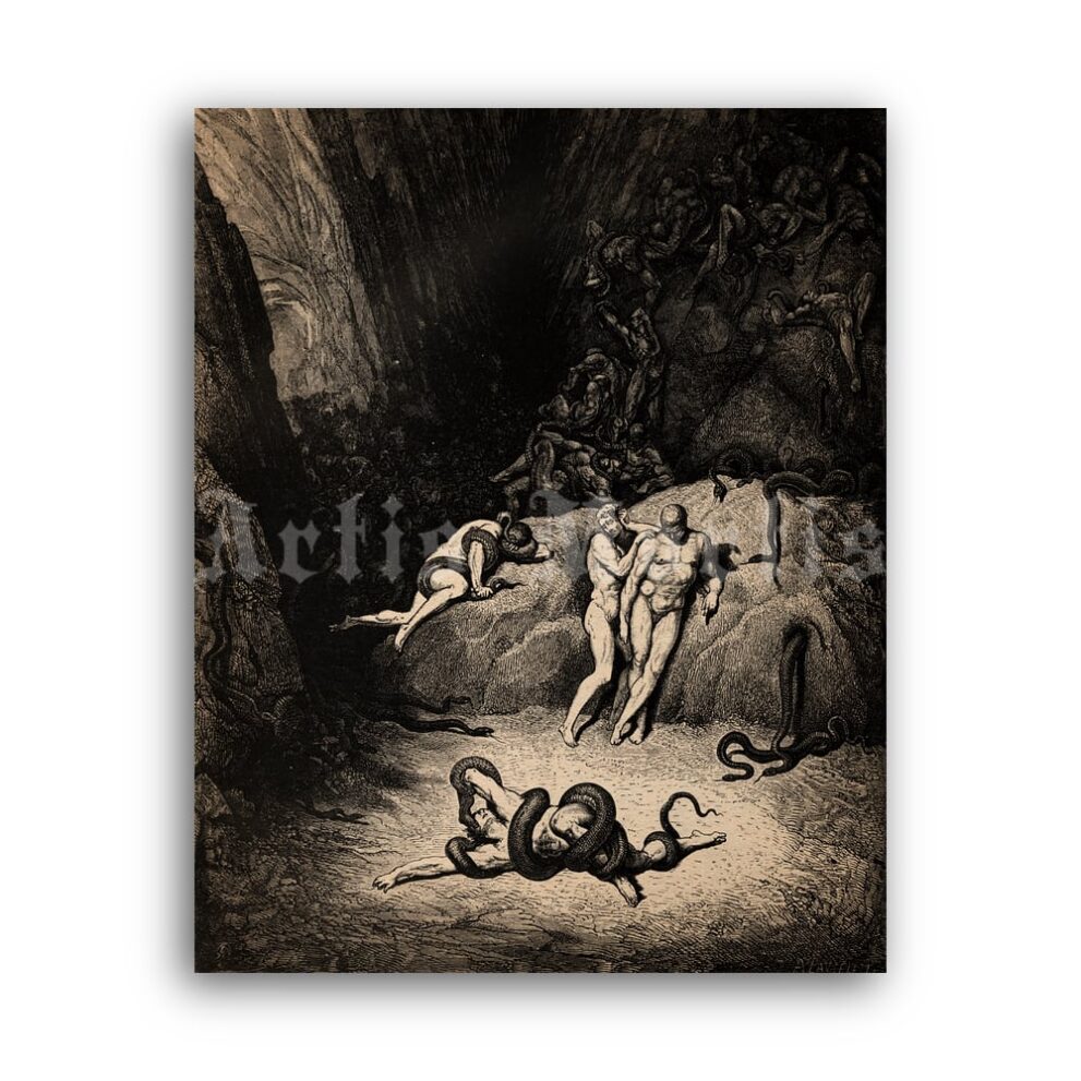 Printable Transformation into Snakes - Hell illustration by Gustave Dore - vintage print poster