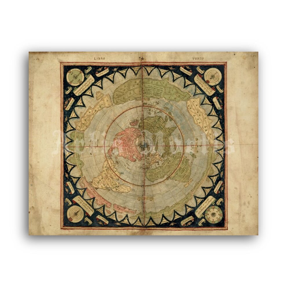 Printable Ancient Flat Earth - Monte Urbano medieval world map poster - vintage print poster