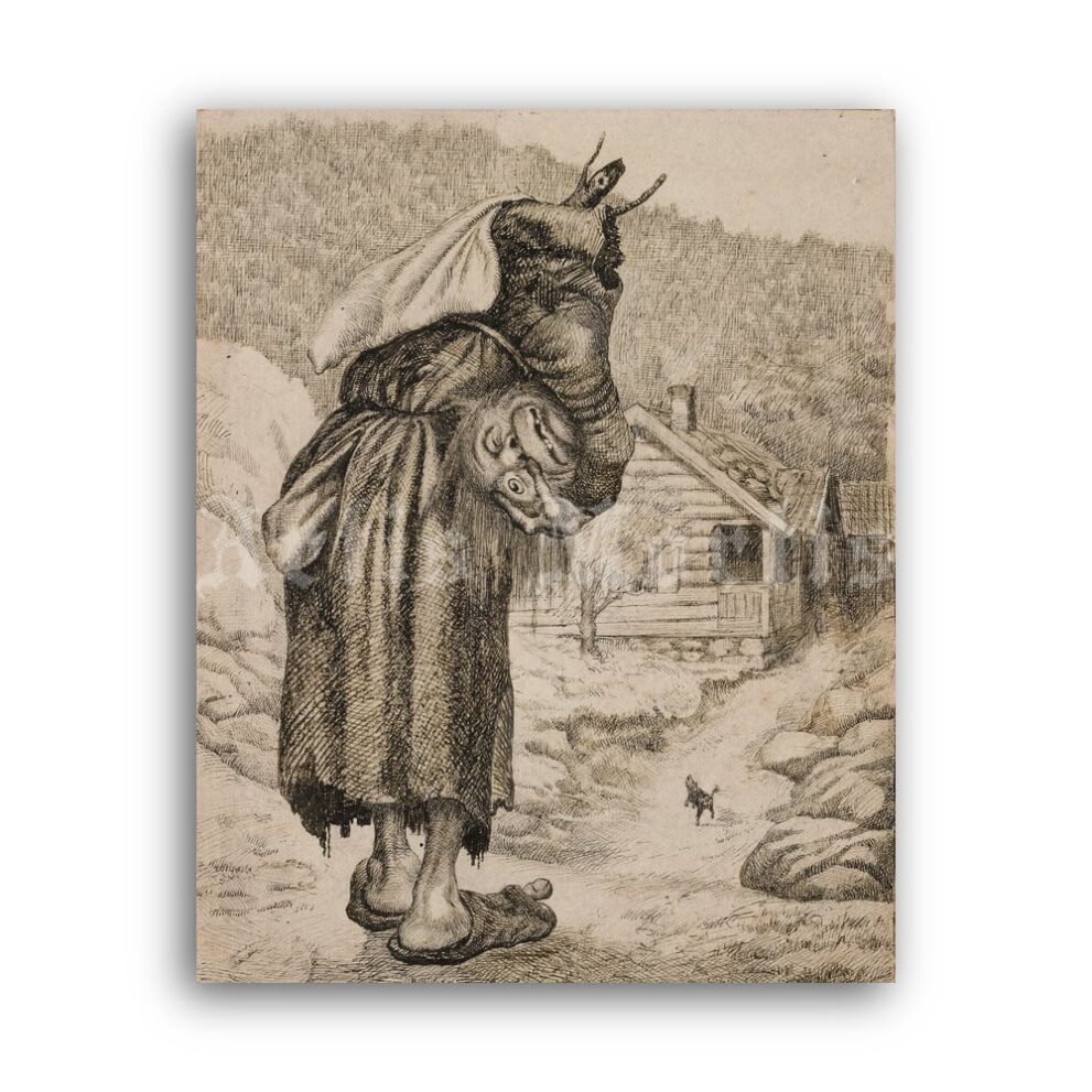 Printable Old Witch with Head folk tales illustration by Theodor Kittelsen - vintage print poster