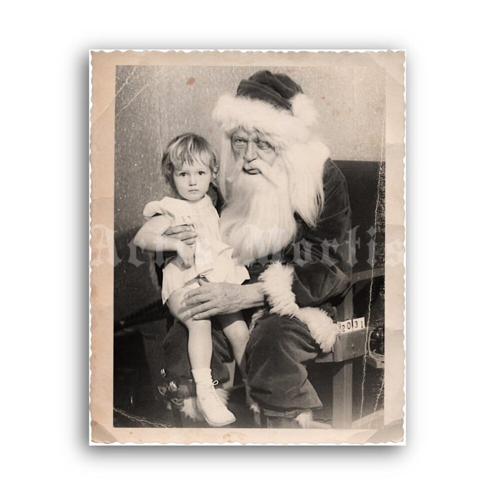 Printable Drunk evil Santa Claus with scared child - vintage photo print - vintage print poster