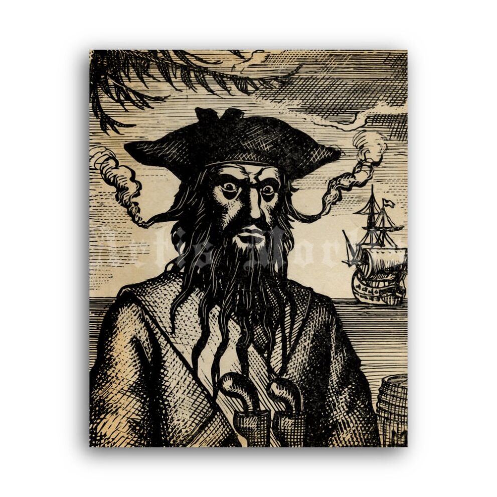 Printable Pirate Blackbeard portrait, Captain Edward Teach poster - vintage print poster