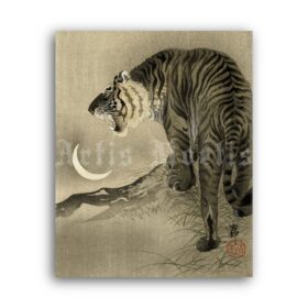 Printable Roaring Tiger over the Crescent Moon - art by Ohara Koson - vintage print poster