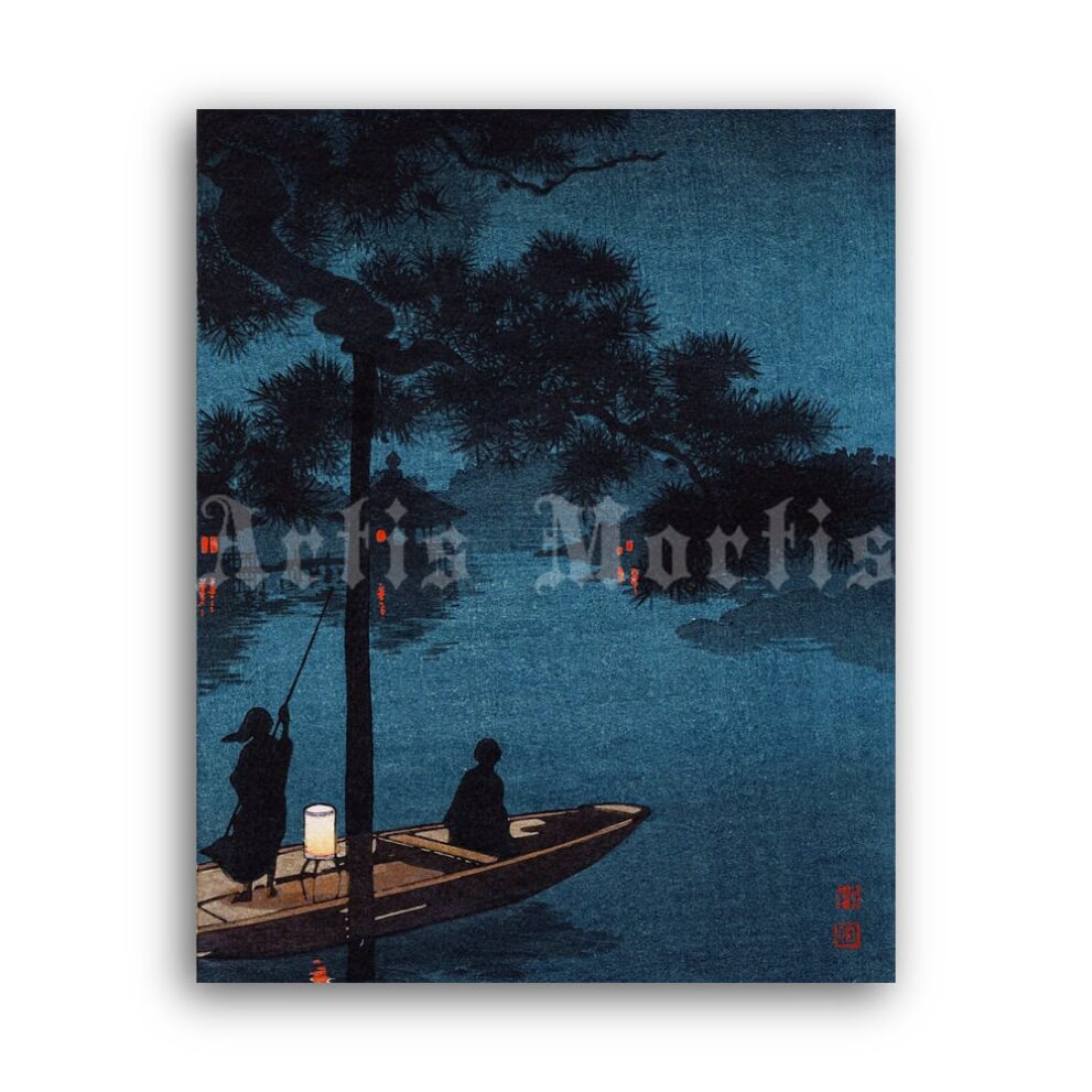 Printable Stars over Lake Biwa - Japanese landscape woodblock print - vintage print poster