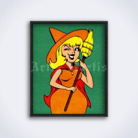 Printable Cartoon witch with the broomstic – vintage Halloween art - vintage print poster