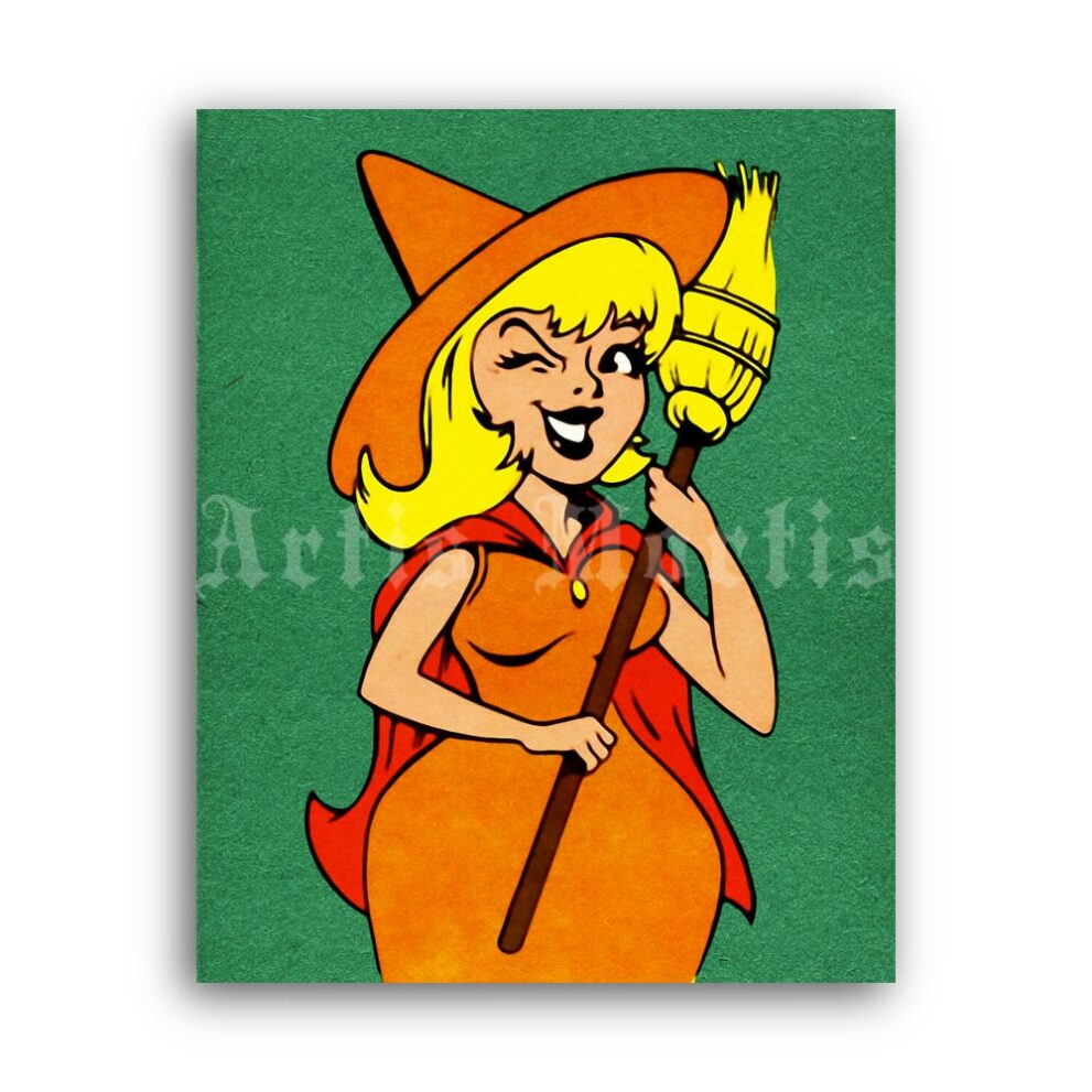 Printable Cartoon witch with the broomstic – vintage Halloween art - vintage print poster