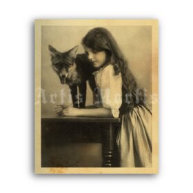 Printable Girl with fox - Victorian era photo, print, retro decor - vintage print poster