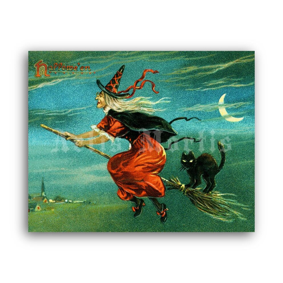 Printable Witch and her black cat flying on broom – vintage Halloween art - vintage print poster