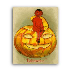 Printable Devil sitting on the carved pumpkin – vintage Halloween card - vintage print poster