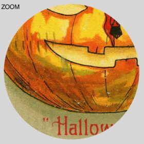 Printable Devil sitting on the carved pumpkin – vintage Halloween card - vintage print poster