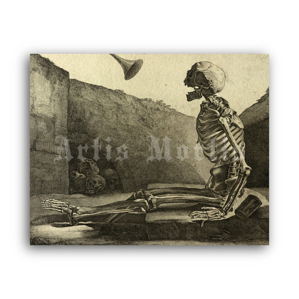 Printable Skeleton awakening - antique engraving by Jacques Gamelin - vintage print poster