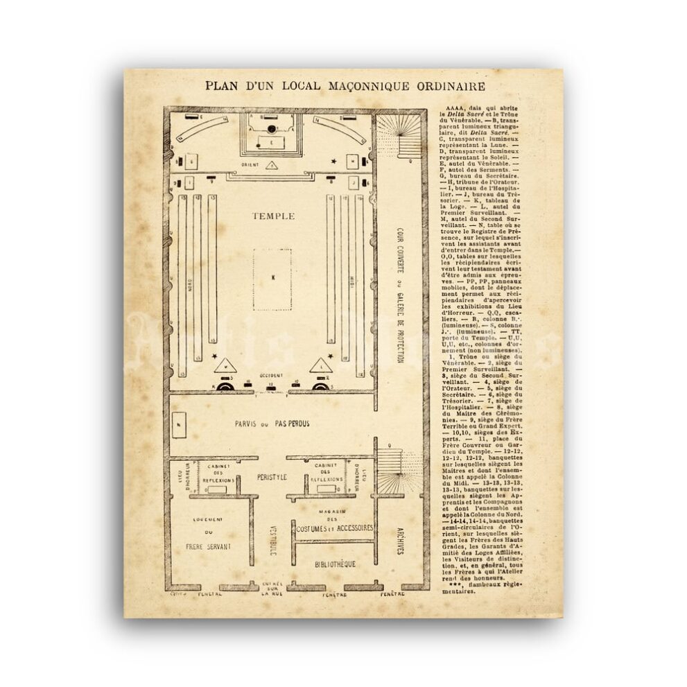 Printable Masonic temple plan - Freemasonry, lodge, templar, illuminati - vintage print poster