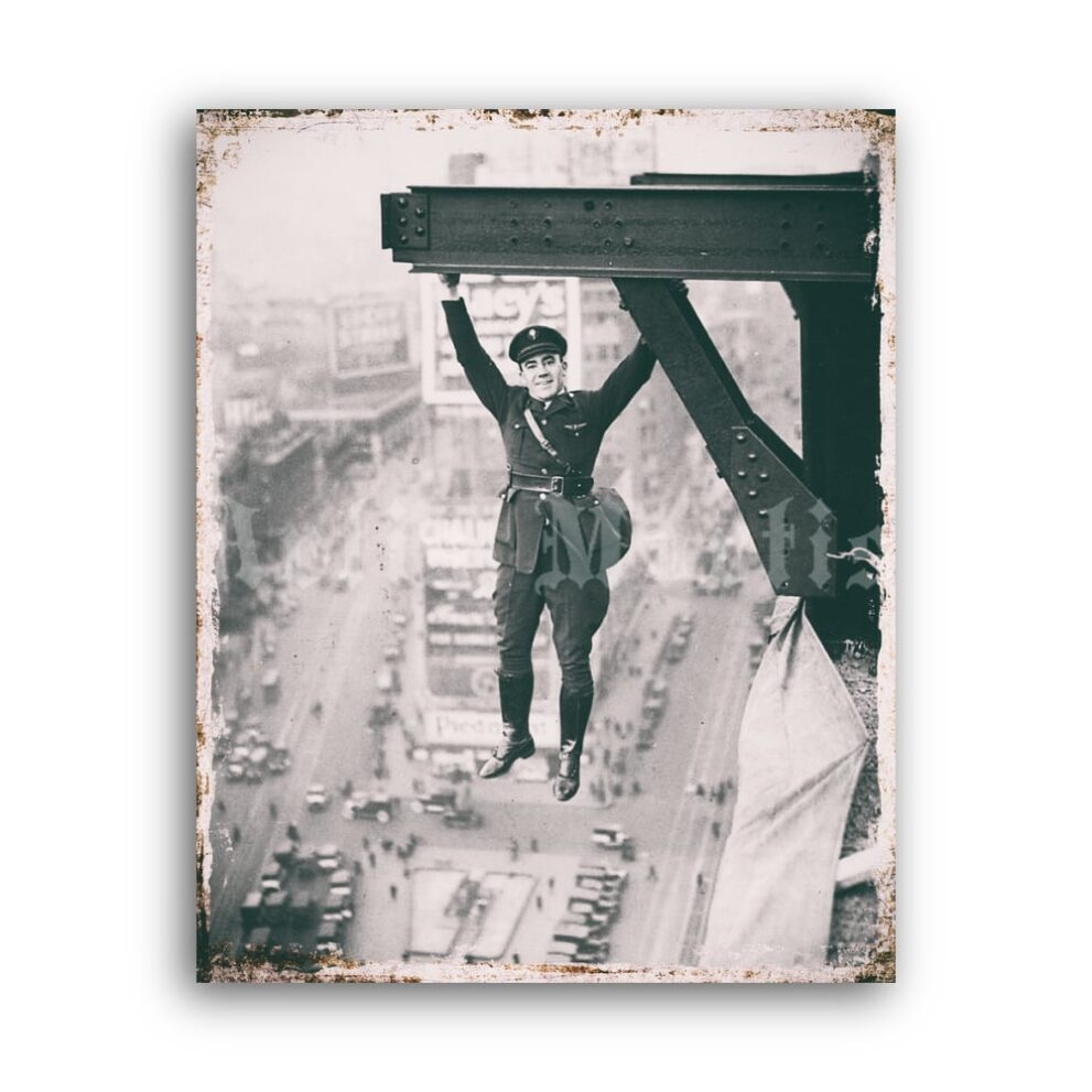 Printable Policeman hanging from a beam - vintage photo, retro extreme - vintage print poster